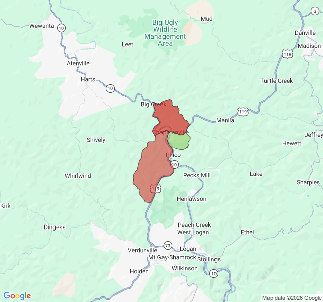 Map of septic coverage in Chapmanville, WV