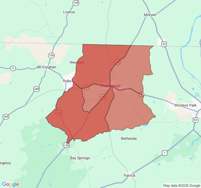 Map of septic coverage in Chesterfield, SC