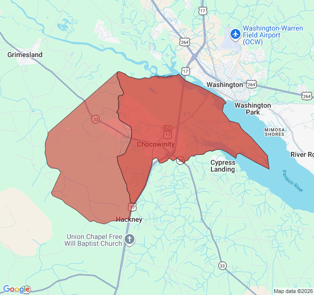 Map of septic coverage in Chocowinity, NC