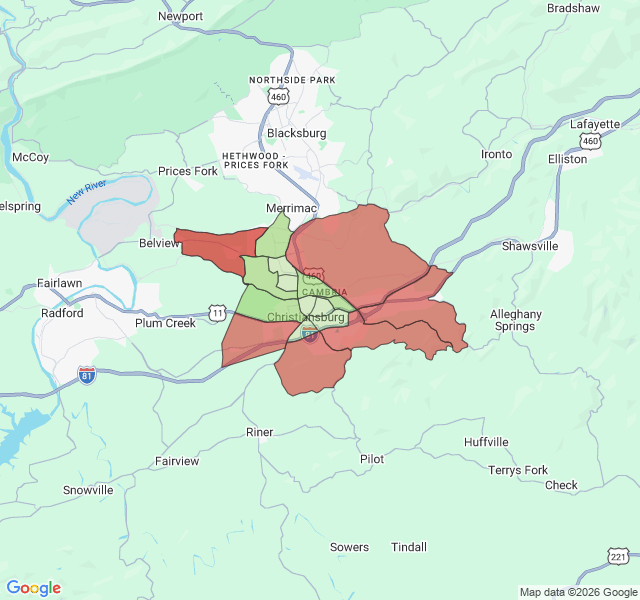 Map of septic coverage in Christiansburg, VA