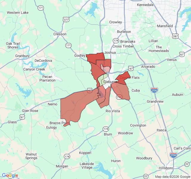 Map of septic coverage in Cleburne, TX