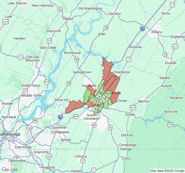 Map of septic coverage in Cleveland, TN