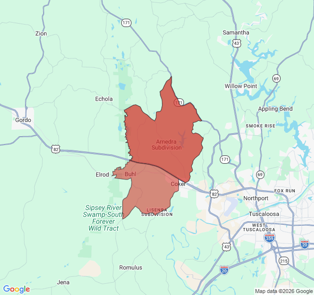 Map of septic coverage in Coker, AL