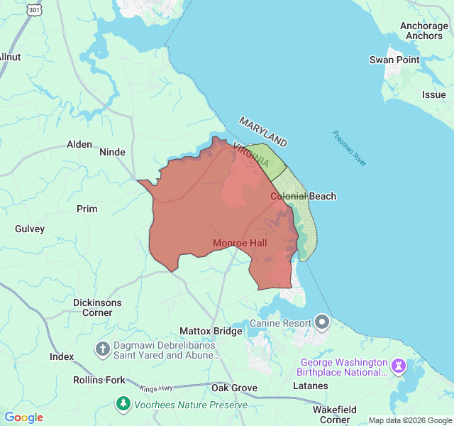 Map of septic coverage in Colonial Beach, VA