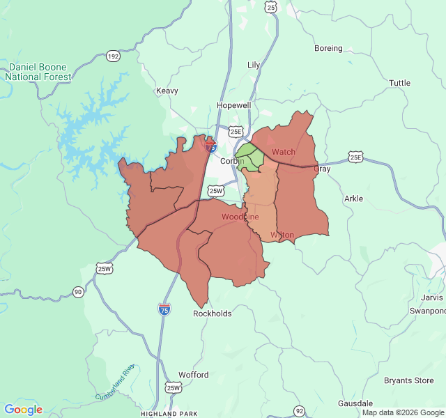 Map of septic coverage in Corbin, KY
