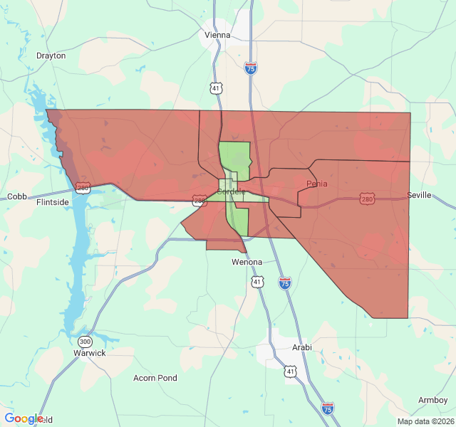 Map of septic coverage in Cordele, GA