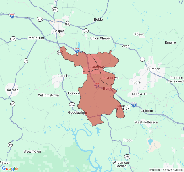 Map of septic coverage in Cordova, AL