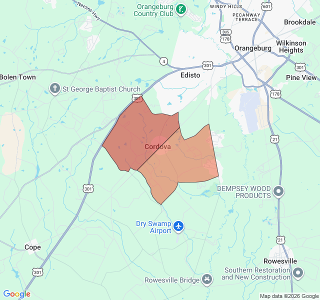 Map of septic coverage in Cordova, SC