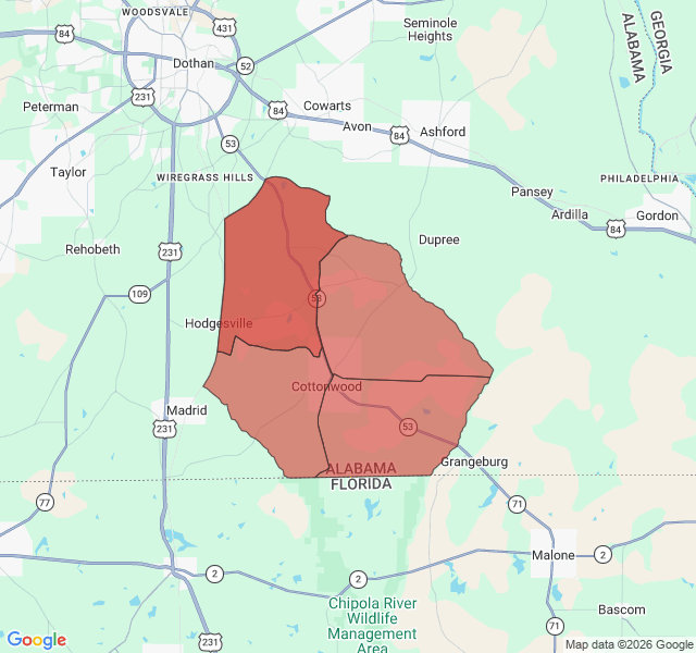 Map of septic coverage in Cottonwood, AL