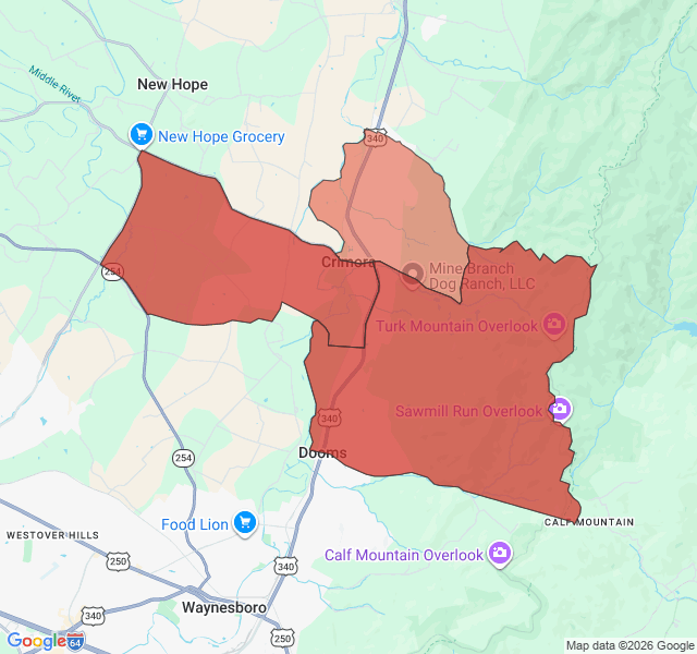 Map of septic coverage in Crimora, VA