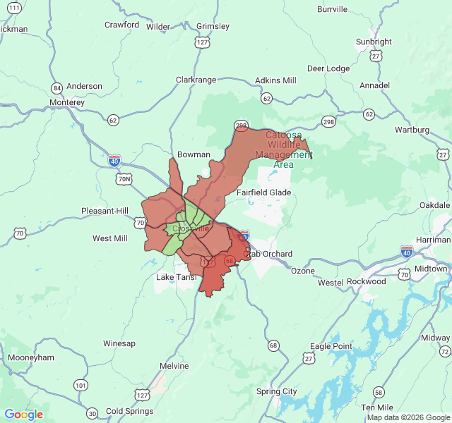 Map of septic coverage in Crossville, TN