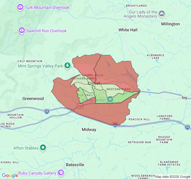 Map of septic coverage in Crozet, VA