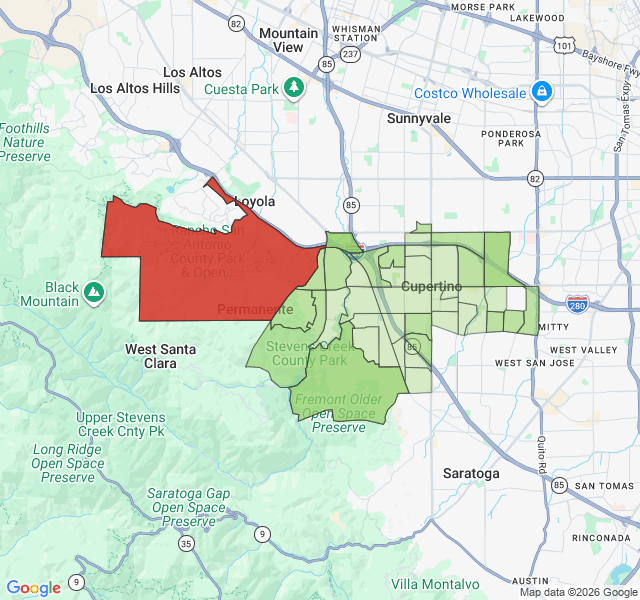 Map of septic coverage in Cupertino, CA