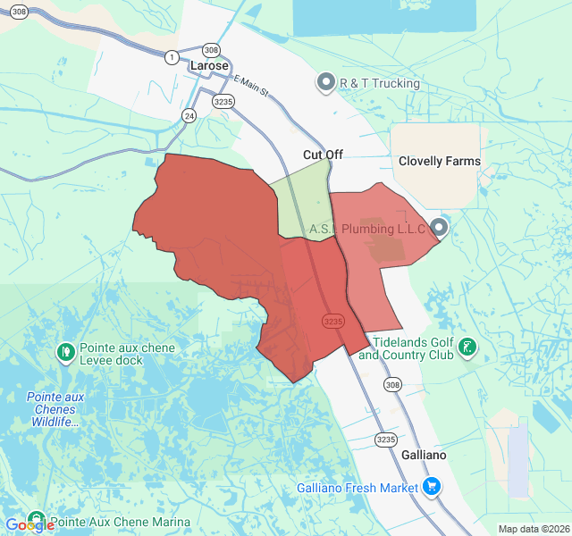 Map of septic coverage in Cut Off, LA