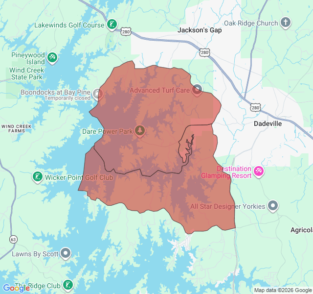 Map of septic coverage in Dadeville, AL