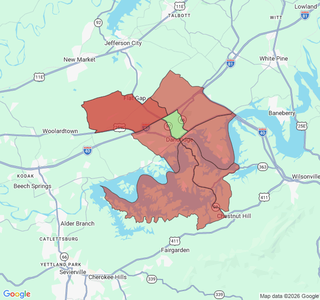 Map of septic coverage in Dandridge, TN