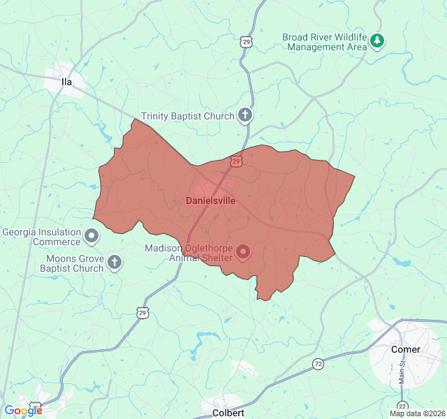 Map of septic coverage in Danielsville, GA