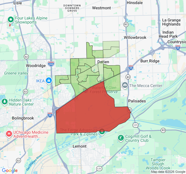 Map of septic coverage in Darien, IL