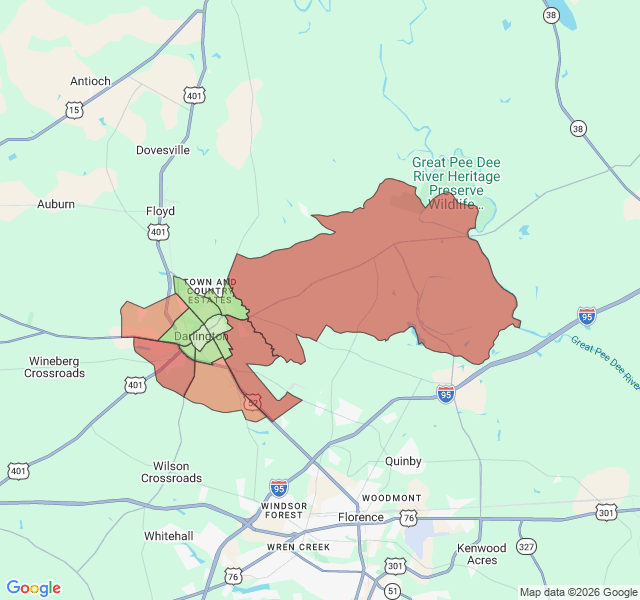 Map of septic coverage in Darlington, SC