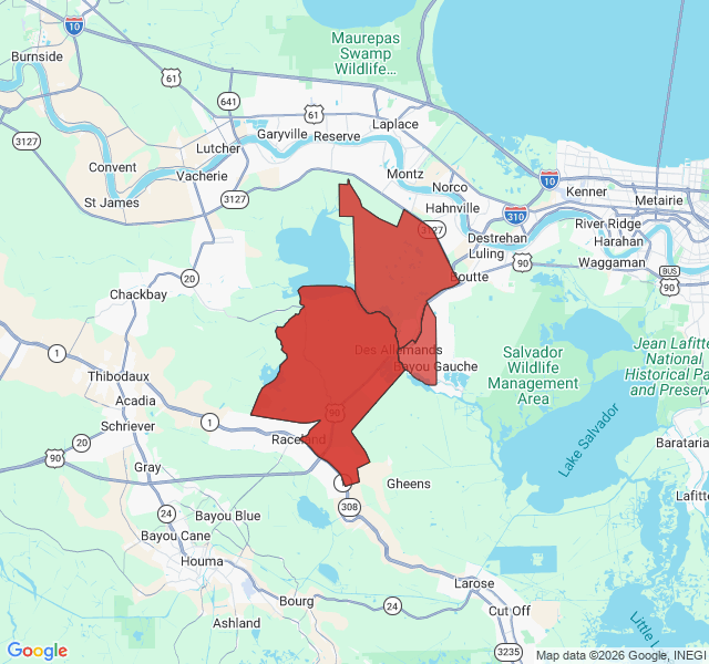 Map of septic coverage in Des Allemands, LA