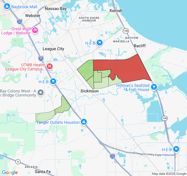 Map of septic coverage in Dickinson, TX