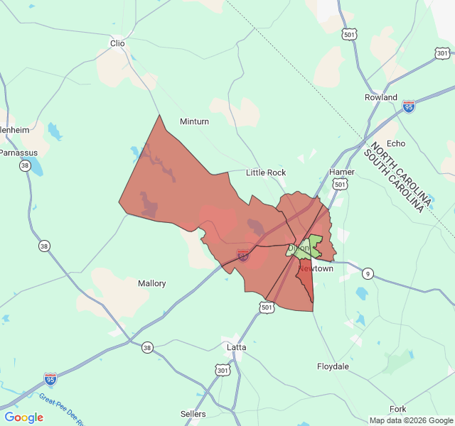 Map of septic coverage in Dillon, SC