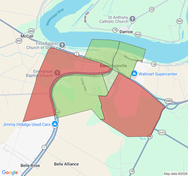 Map of septic coverage in Donaldsonville, LA