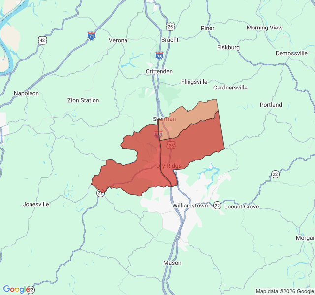 Map of septic coverage in Dry Ridge, KY