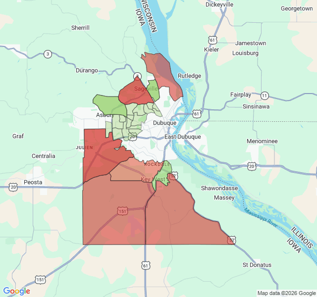 Map of septic coverage in Dubuque, IA