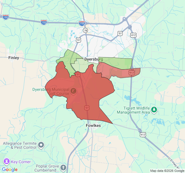 Map of septic coverage in Dyersburg, TN
