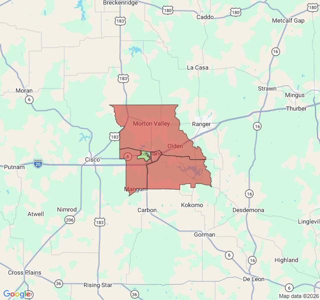 Map of septic coverage in Eastland, TX