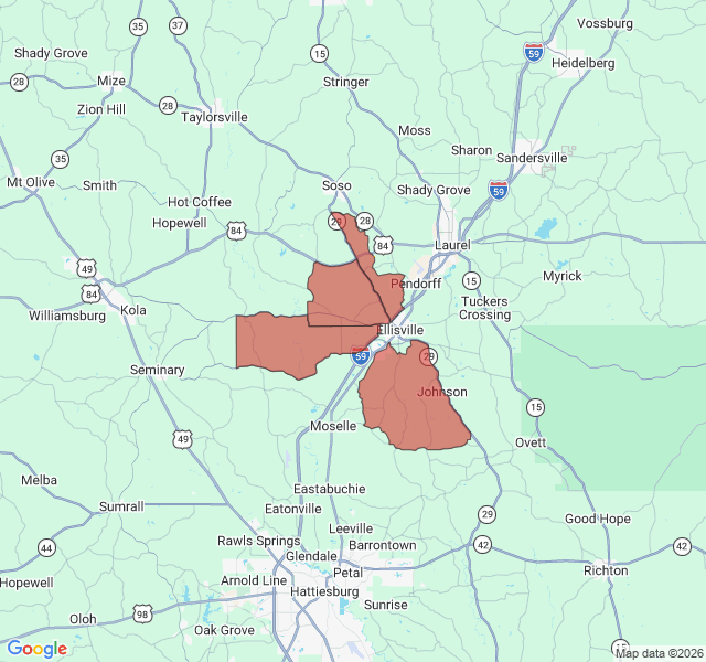 Map of septic coverage in Ellisville, MS