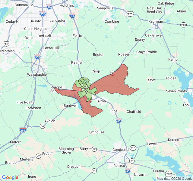 Map of septic coverage in Ennis, TX
