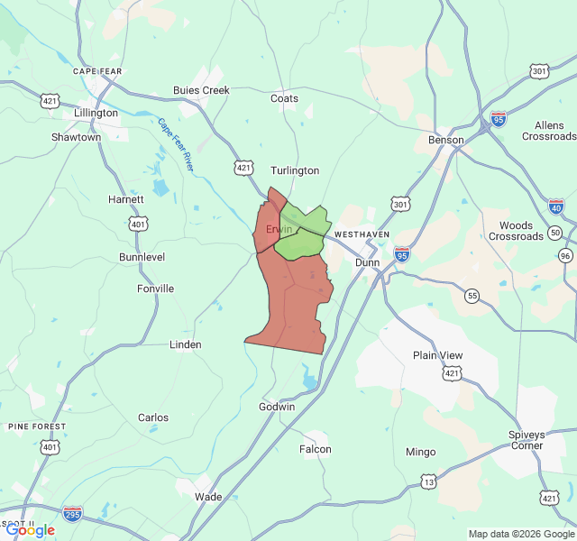 Map of septic coverage in Erwin, NC