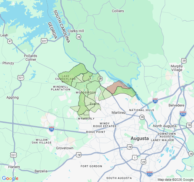 Map of septic coverage in Evans, GA