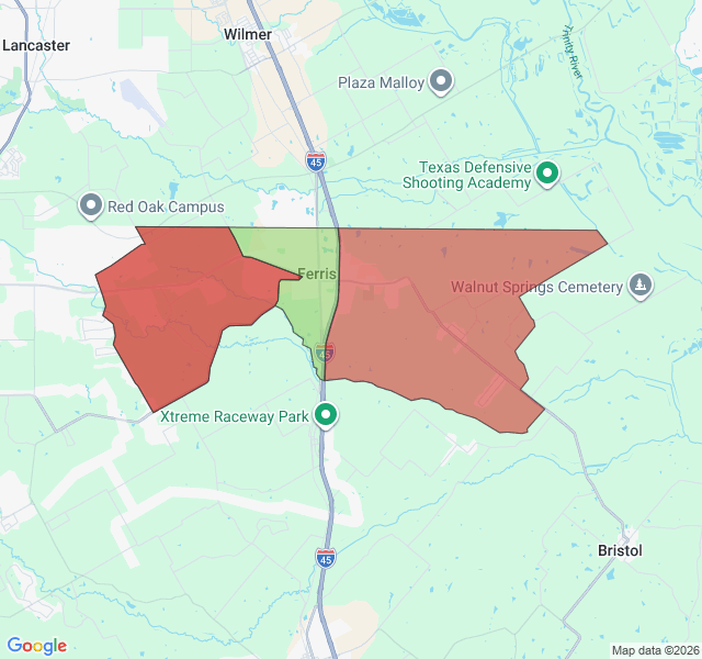 Map of septic coverage in Ferris, TX