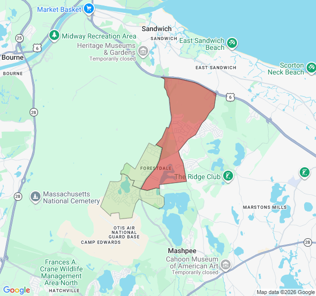 Map of septic coverage in Forestdale, MA