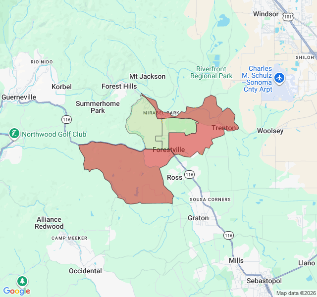 Map of septic coverage in Forestville, CA