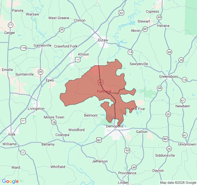 Map of septic coverage in Forkland, AL