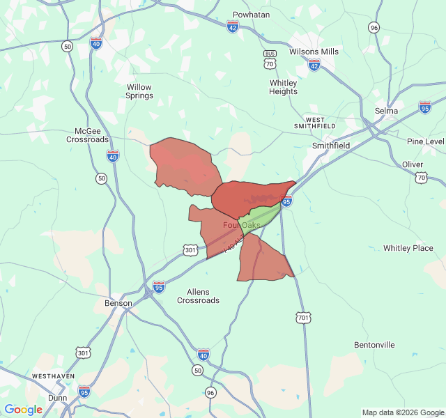 Map of septic coverage in Four Oaks, NC