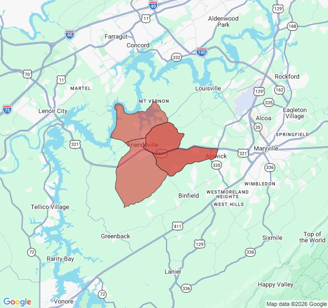 Map of septic coverage in Friendsville, TN