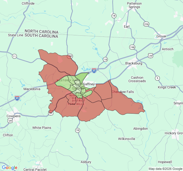 Map of septic coverage in Gaffney, SC