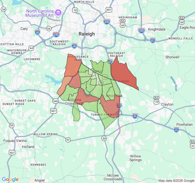 Map of septic coverage in Garner, NC