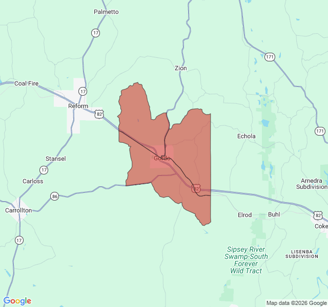 Map of septic coverage in Gordo, AL