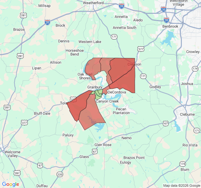 Map of septic coverage in Granbury, TX