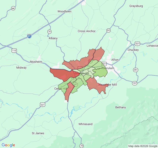 Map of septic coverage in Greeneville, TN