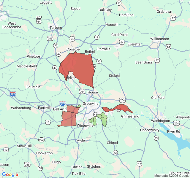 Map of septic coverage in Greenville, NC