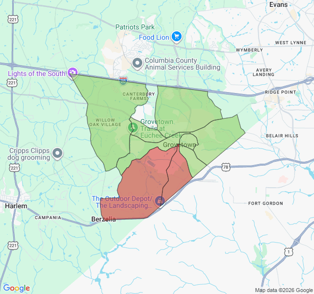 Map of septic coverage in Grovetown, GA