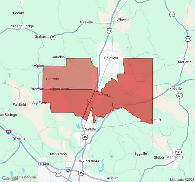Map of septic coverage in Guntown, MS