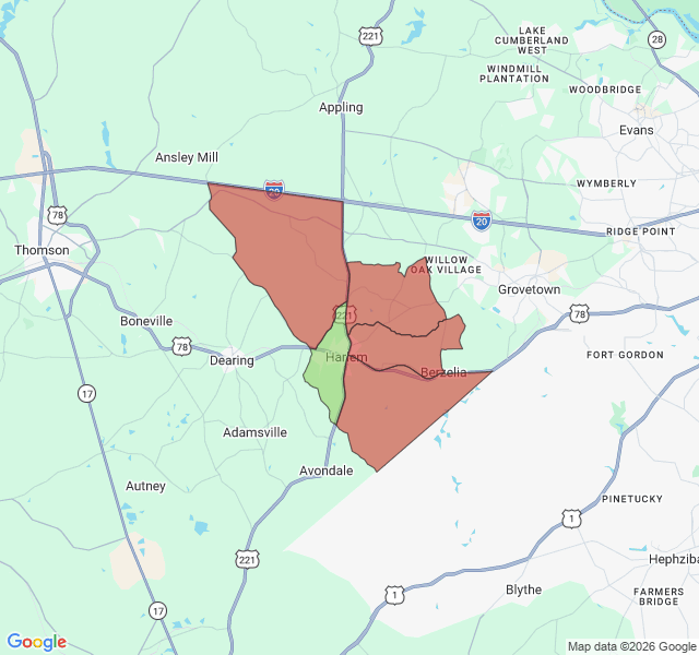Map of septic coverage in Harlem, GA